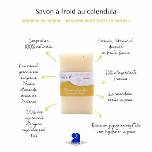 Savon surgras calendula schéma expliquant les propriétés du savon à froid au calendula pour toute la famille