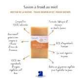 schéma expliquant les propriétés et les caractéristiques du savon au miel fabriqué à froid par la savonnerie Savaé