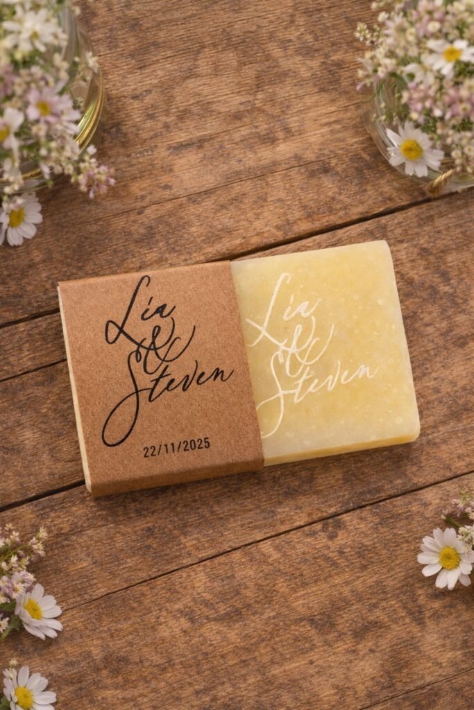 Accueil Savaé 2 savons personnalisés avec gravure laser Léa et Steven pour un mariage fabriqués par Savaé savonnerie artisanale à Annecy (Haute-Savoie) posé sur une table en bois
